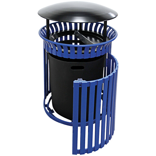 A blue and black Wausau Tile round steel trash can with aluminum lid and side door.