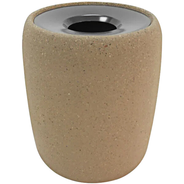 A beige Wausau Tile Westlake decorative outdoor trash can with a black aluminum funnel lid.