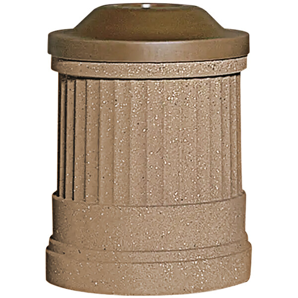 A brown Wausau Tile Deerfield decorative round outdoor waste receptacle with a plastic pitch-in lid.