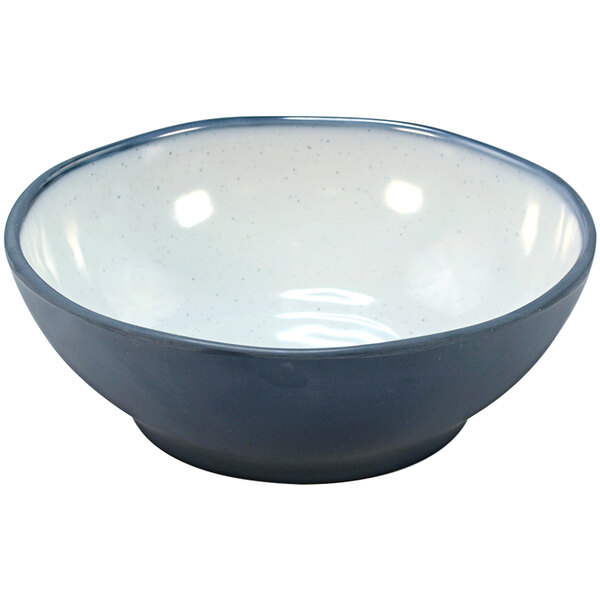 A Dalebrook steel blue melamine bowl with a white rim.
