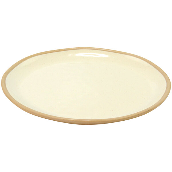 A white Dalebrook melamine plate with a tan rim.