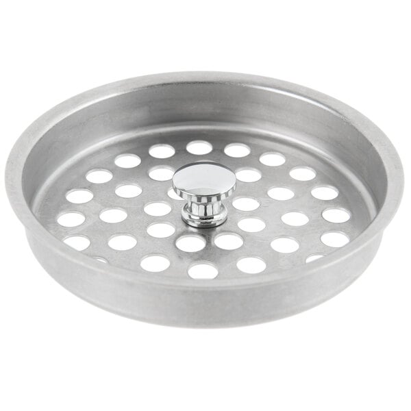 A stainless steel T&S basket strainer with holes.