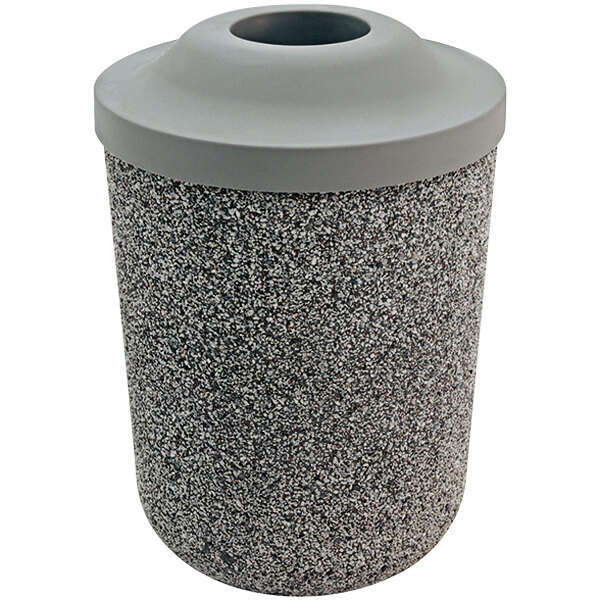 A grey Wausau Tile concrete trash receptacle with a grey plastic lid.