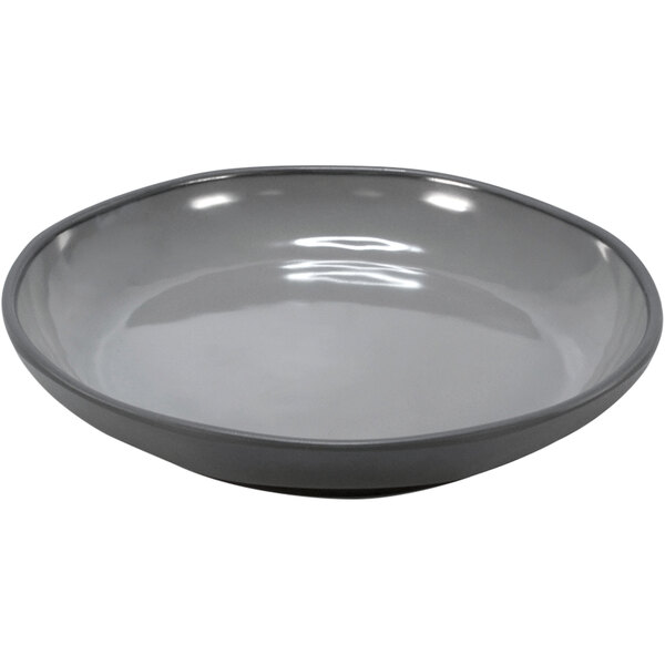 A charcoal gray Dalebrook melamine deep plate with a white rim.
