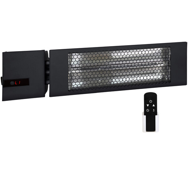 A black King Electric Smart Wave carbon fiber radiant heater with a remote control.