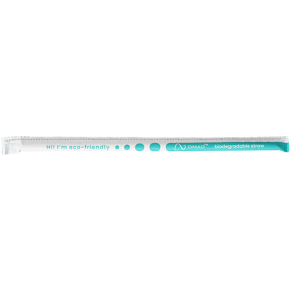A white wrapped straw with blue accents.