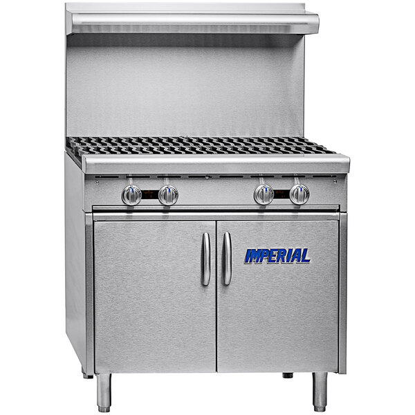 An Imperial Range stainless steel 4 burner range with cabinet base.