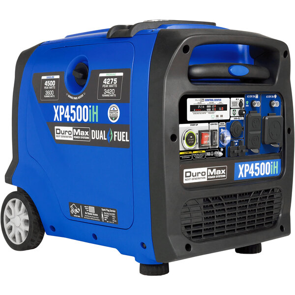 A blue and black DuroMax iH Series portable generator with CO Alert.