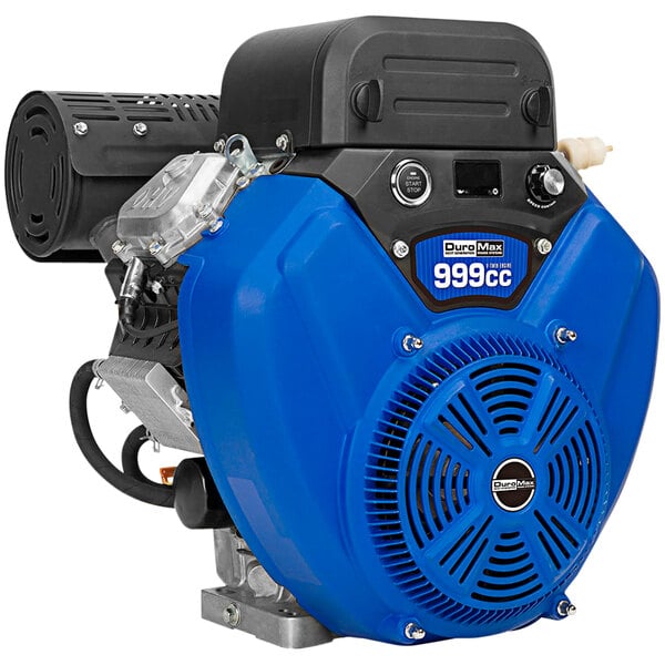 A blue and black DuroMax V-Twin gasoline engine.
