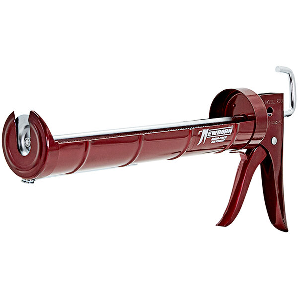 A red and silver Newborn caulking gun with a metal handle.