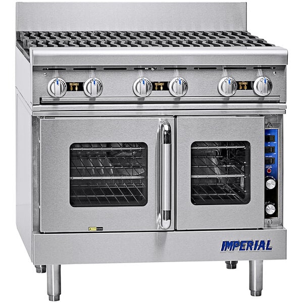 An Imperial 36" stainless steel gas range with 6 open burners and a provection oven.