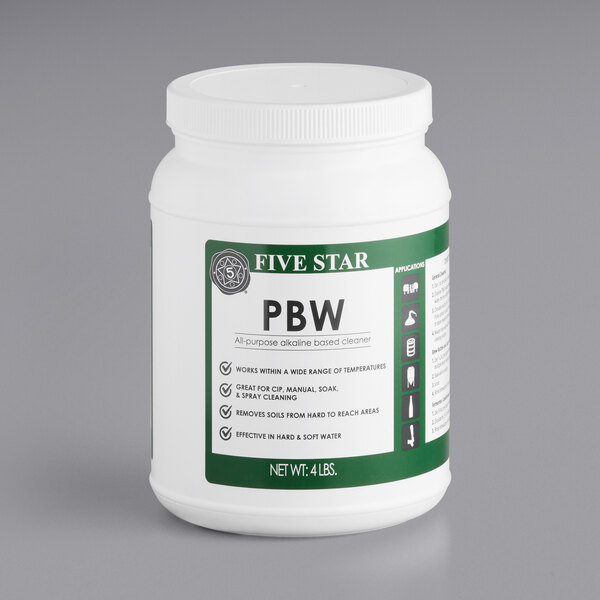 A white container of Five Star PBW Brewery Cleaning Powder with a green label.