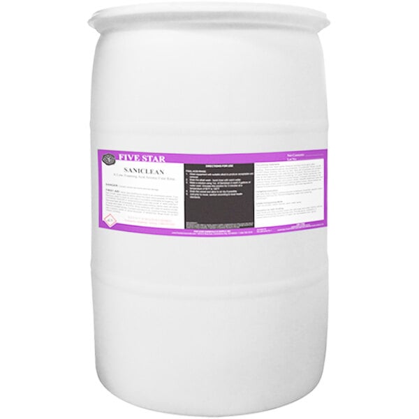 A white plastic container with a purple and black label for Five Star Chemicals Saniclean Brewery Acid.
