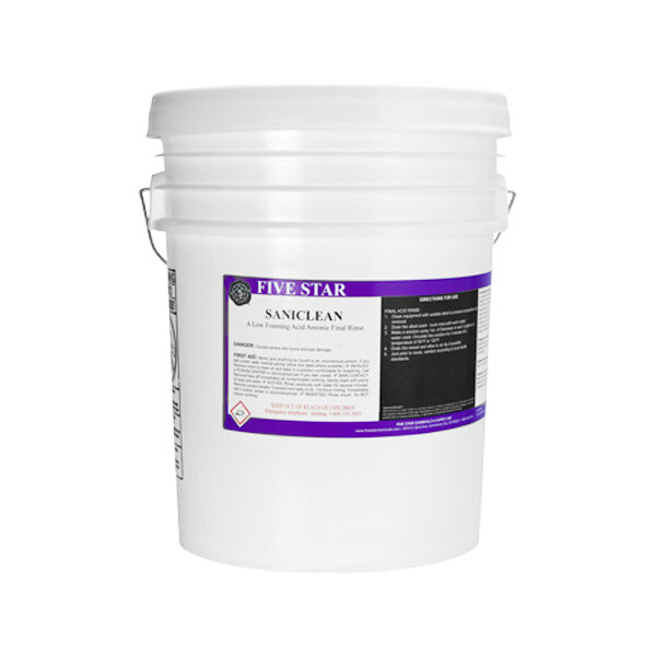 A white bucket with a blue label for Five Star Chemicals Saniclean.