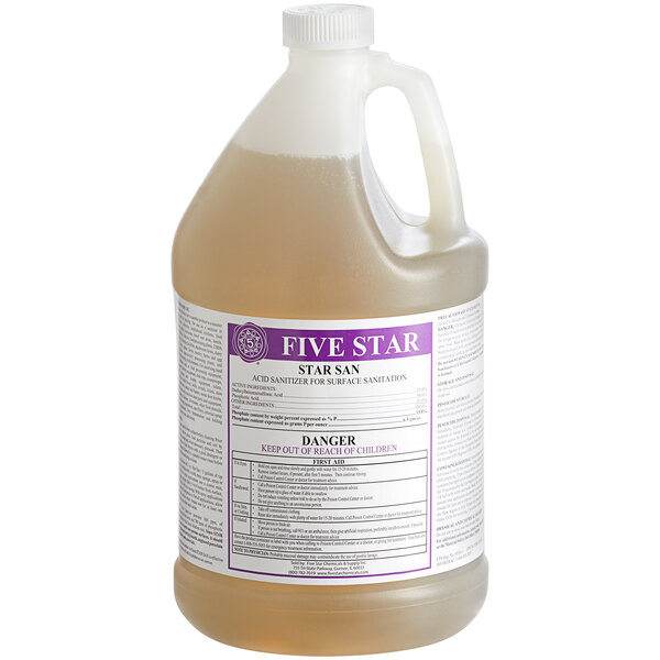 A white-labeled jug of Five Star San high-foaming brewery sanitizer.