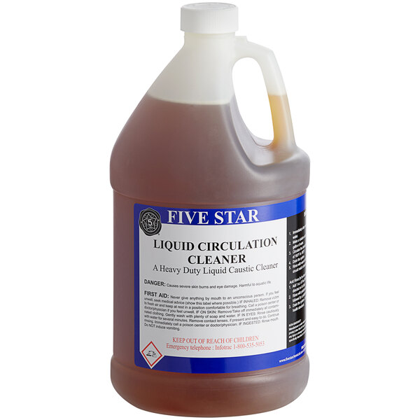 A large plastic jug of brown Five Star non-chlorinated liquid brewery circulation cleaner.