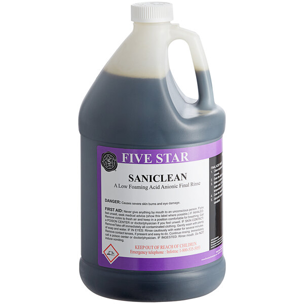 A jug of Five Star Saniclean liquid with a label.