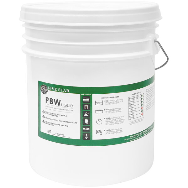 A white bucket with a green label for Five Star Chemicals PBW Non-Caustic Alkaline Brewery Cleaning Liquid.