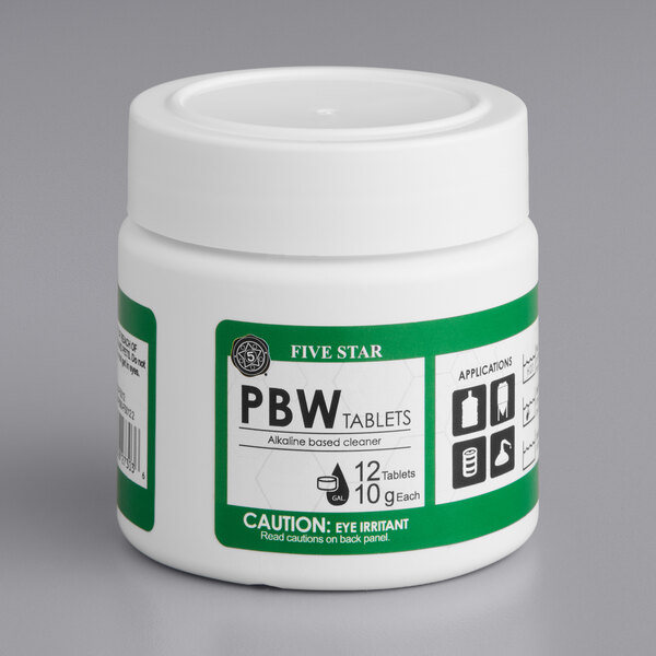 A white container of Five Star Chemicals PBW Brewery cleaning tablets with a green label.