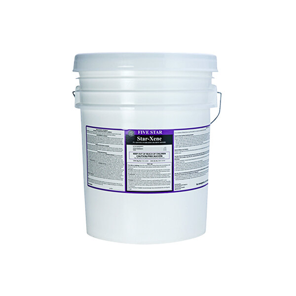 A white Five Star Chemicals bucket with a label for Star-Xene Stabilized Chlorine Dioxide Brewery Sanitizer.