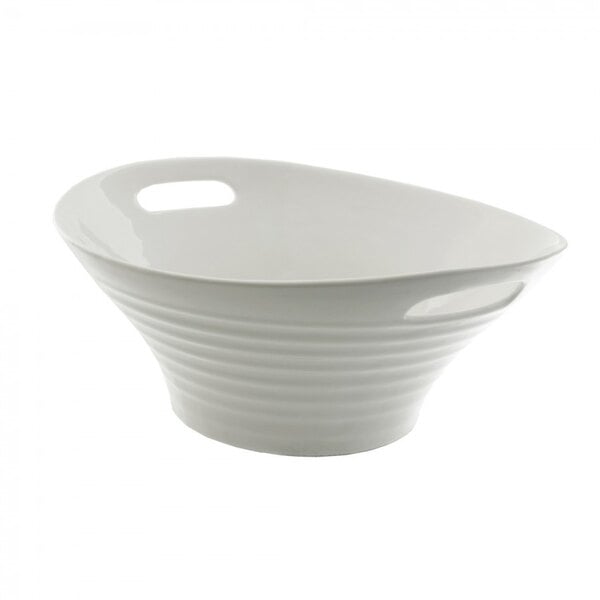 A white bowl with handles.