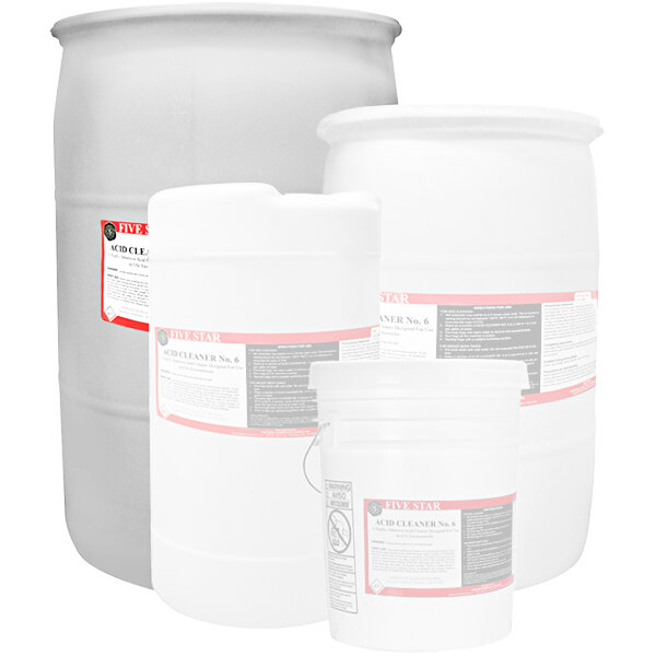 A group of white Five Star Chemicals barrels with red and gray lids.