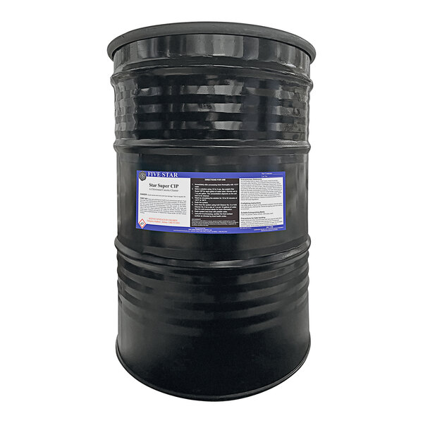 A black barrel of Five Star Chemicals Brewery Caustic Cleaning Powder with a label.