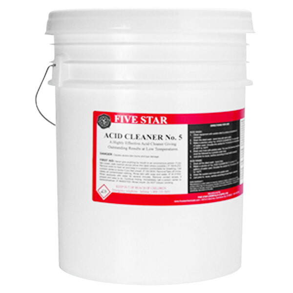 A white Five Star Chemicals bucket with a red label.