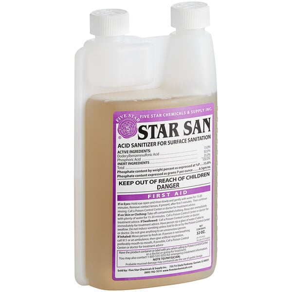 A bottle of Five Star Chemicals Star San High-Foaming Brewery Sanitizer on a counter.