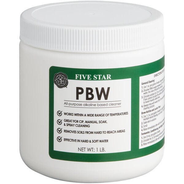 A white container of Five Star PBW Non-Caustic Alkaline Brewery Cleaning Powder with a green label.