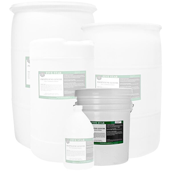 A white container of Five Star Chemicals Food-Grade Propylene Glycol with a green label.