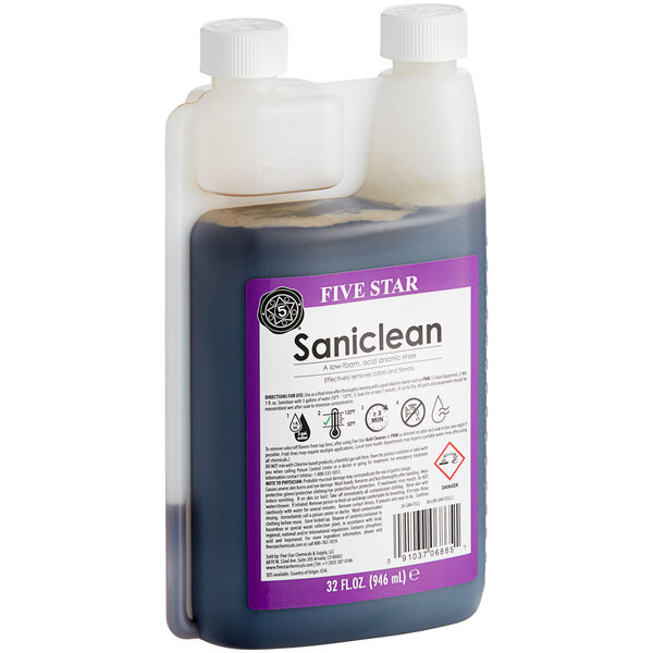 A container of Five Star Chemicals Saniclean liquid with a label.
