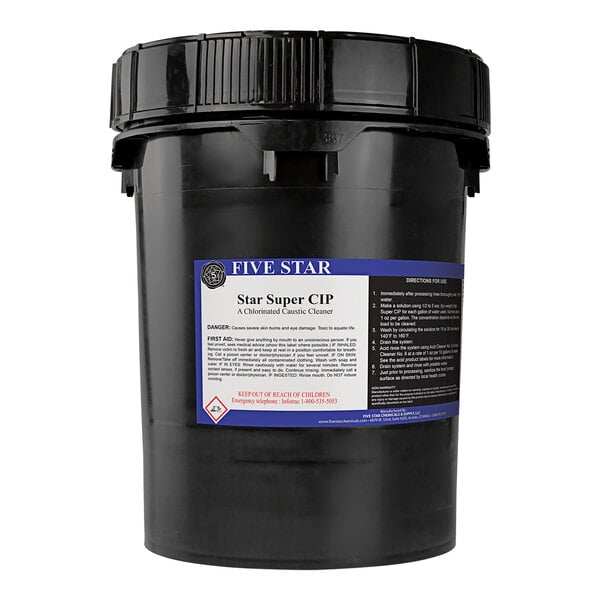 A black bucket with a label that says "Five Star Chemicals 26-CIP-FS50 Super CIP 50 lb. Chlorinated Brewery Caustic Cleaning Powder"