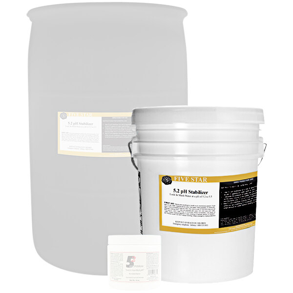 A white container of Five Star Chemicals 5.2 pH Stabilizer with a yellow label.
