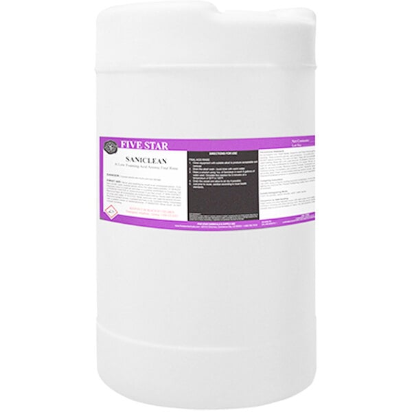 A white container of Five Star Chemicals Saniclean with a purple and white label.