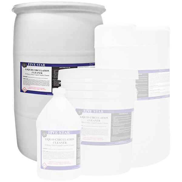 A white container of Five Star Chemicals Brewery Liquid Circulation Cleaner with a purple label.
