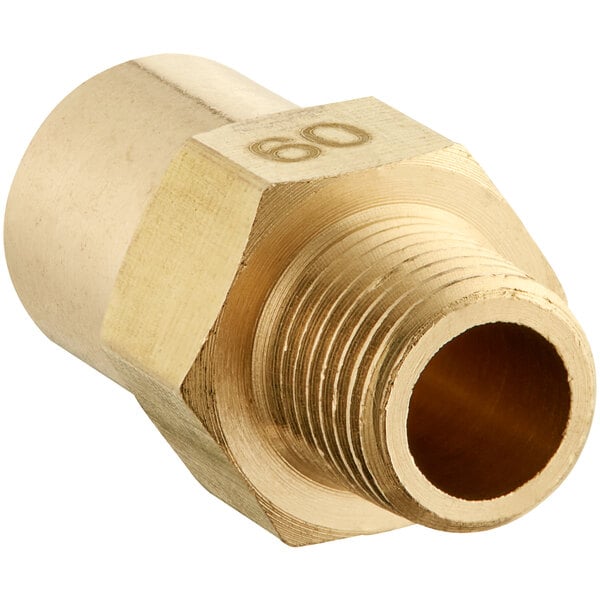 A gold metal pipe with a brass threaded nut with a number 60.