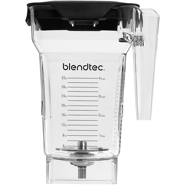 A clear plastic Blendtec FourSide frothing jar with a black hard lid.