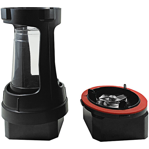 A black and clear plastic container with a red lid on a black and red Blendtec stand.