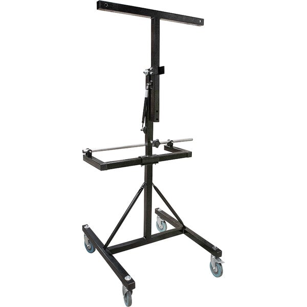 A black metal Lavex mobile floor stand with blue wheels.