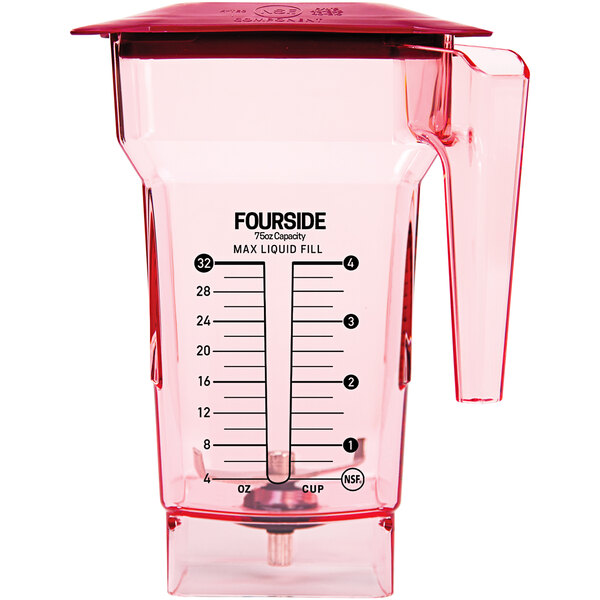 A pink plastic Blendtec jar with a red lid.