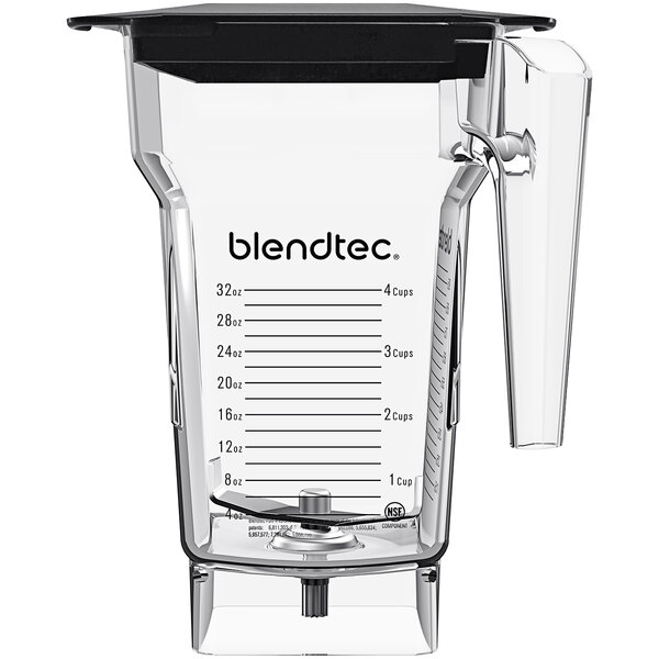 A clear plastic Blendtec blender jar with a black lid.