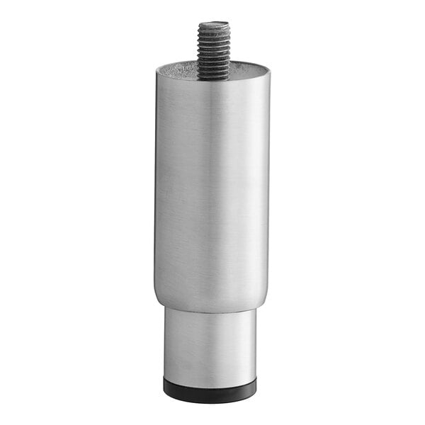 A silver metal cylinder with a black rubber base and a screw on the end.