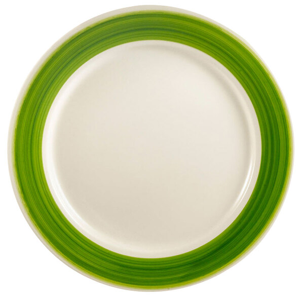 A close-up of a green and white CAC Rainbow plate with a stripe.
