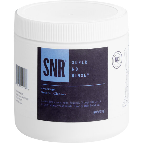 A white container of National Chemicals Inc. Super No-Rinse Beverage Line Cleaner with a blue label.