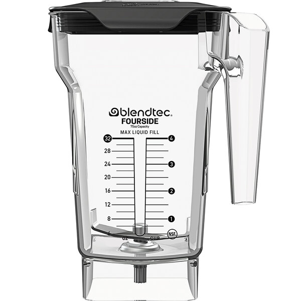 A clear plastic Blendtec blender jar with a black latching lid and handle.