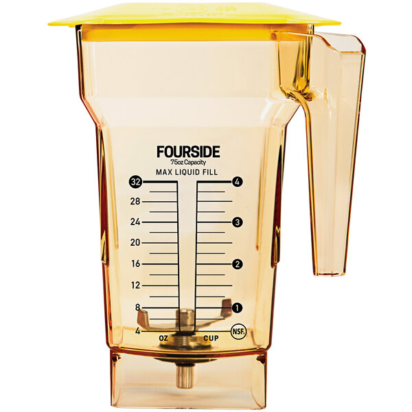 A yellow Blendtec FourSide blender jar with a yellow lid and handle.