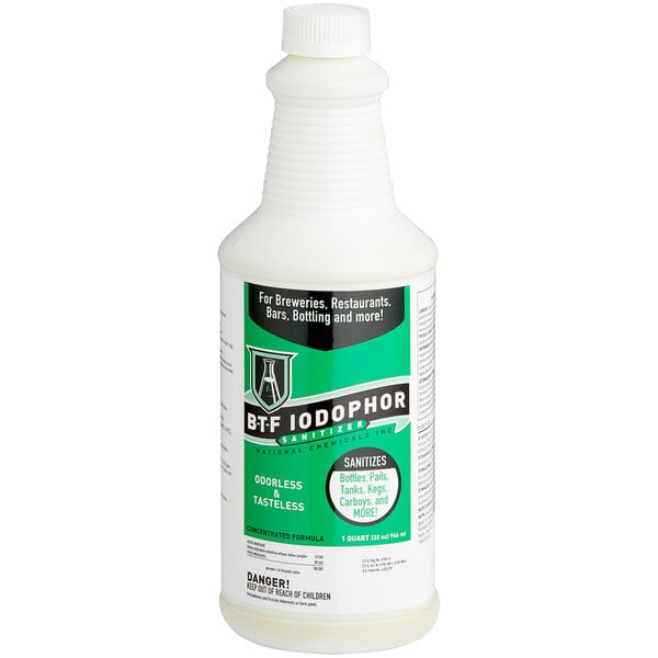 A white bottle of National Chemicals Inc. BTF Iodophor Brewery Equipment Sanitizer with a green label.