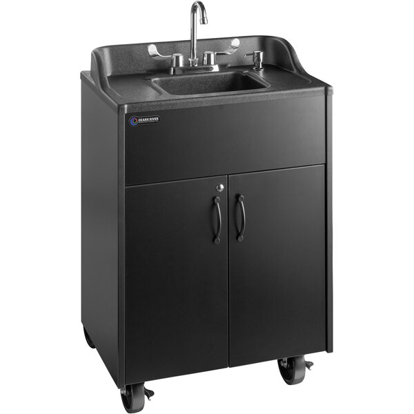 A black Ozark River portable hand sink with a laminate cabinet on wheels.