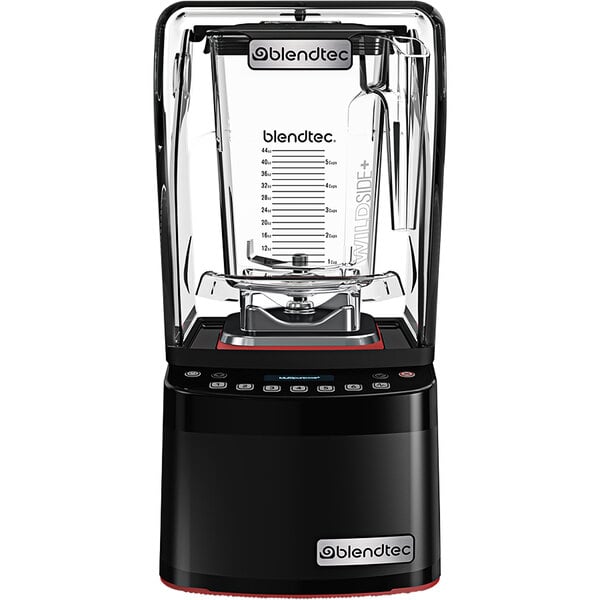 A black Blendtec commercial blender with a clear glass container on top.
